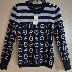 Guess Women's Black and Gray Striped Sweater,  size M
